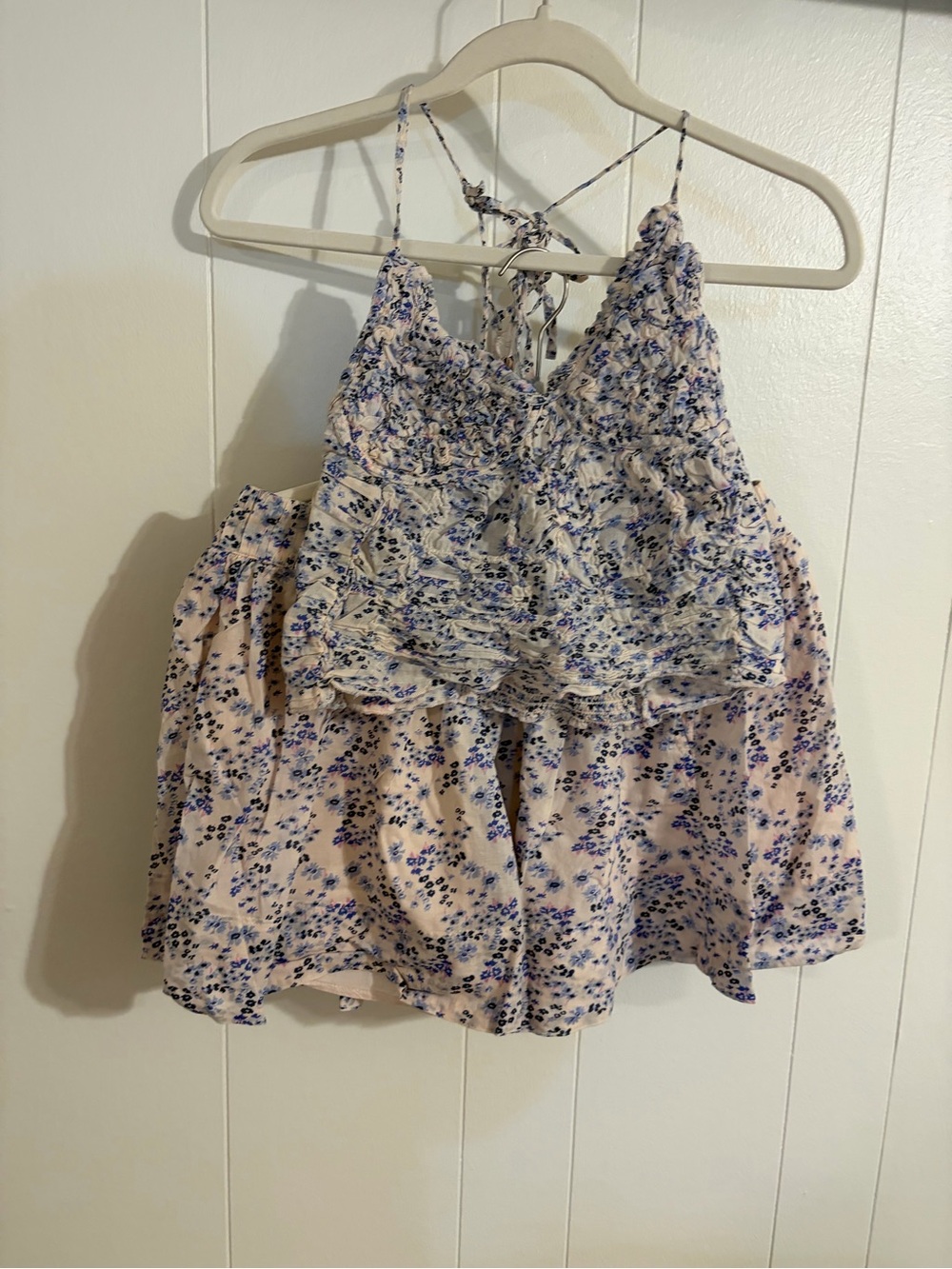 Free People Cream Floral Circle Mini Skirt and matching top with Blue Print